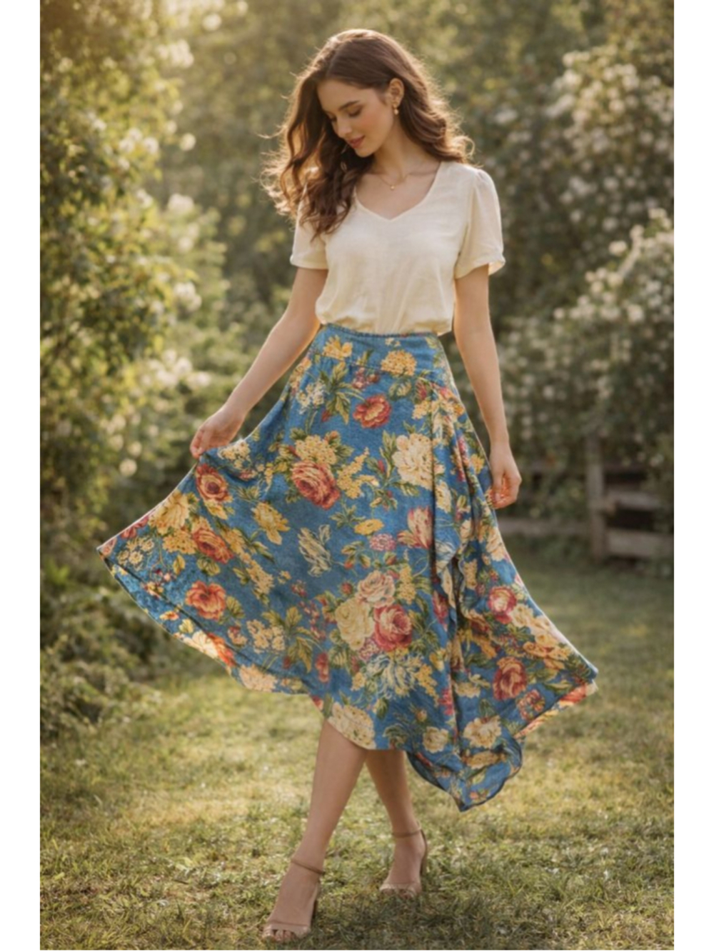 Handmade Floral Wrap Skirt Cottagecore Asymmetrical Midi Blue Romantic Prairie